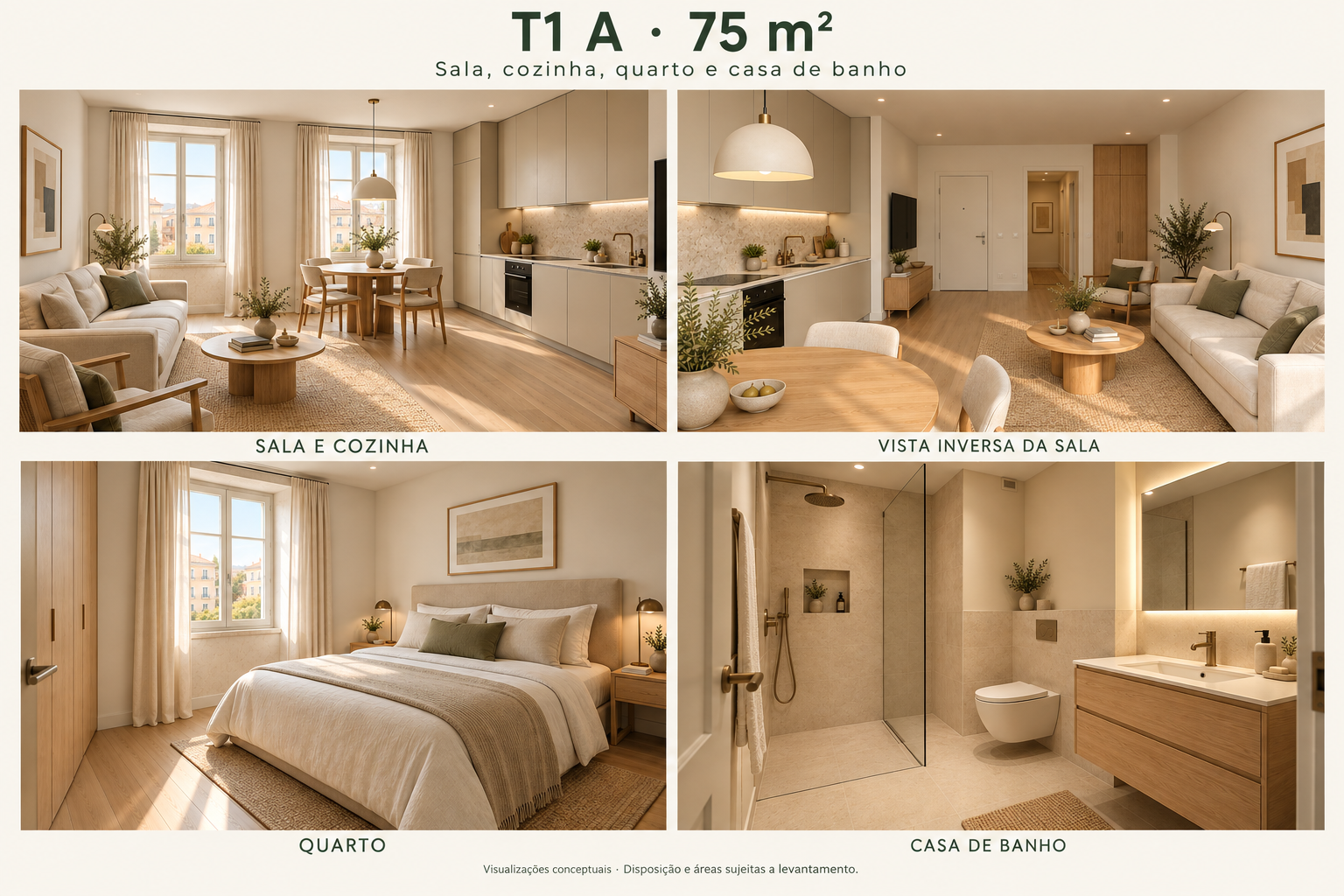 Visualizações conceptuais do T1 A — sala, cozinha, quarto e casa de banho