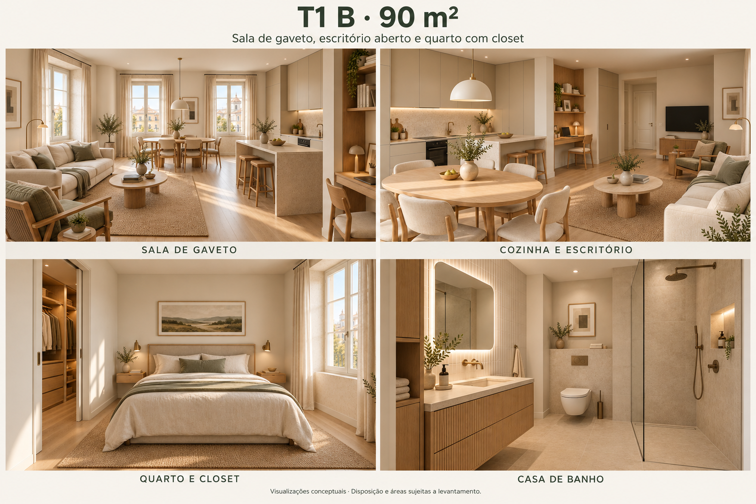 Visualizações conceptuais do T1 B — sala, cozinha, quarto e casa de banho